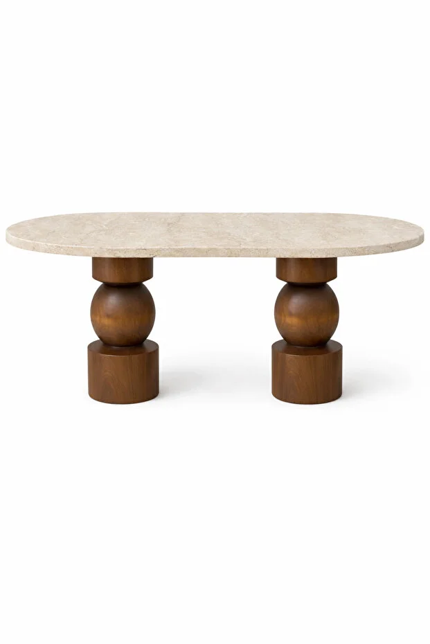 Modern Tasarım Traverten Üstlü Masif Ahşap Torna Ayaklı Yemek Masası 180x80cm